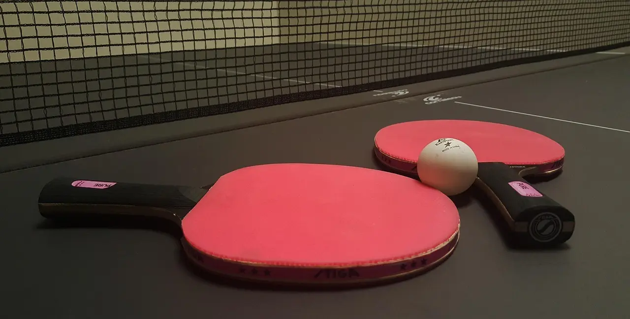 To bordtennisbat og en bold på et bordtennisbord med net